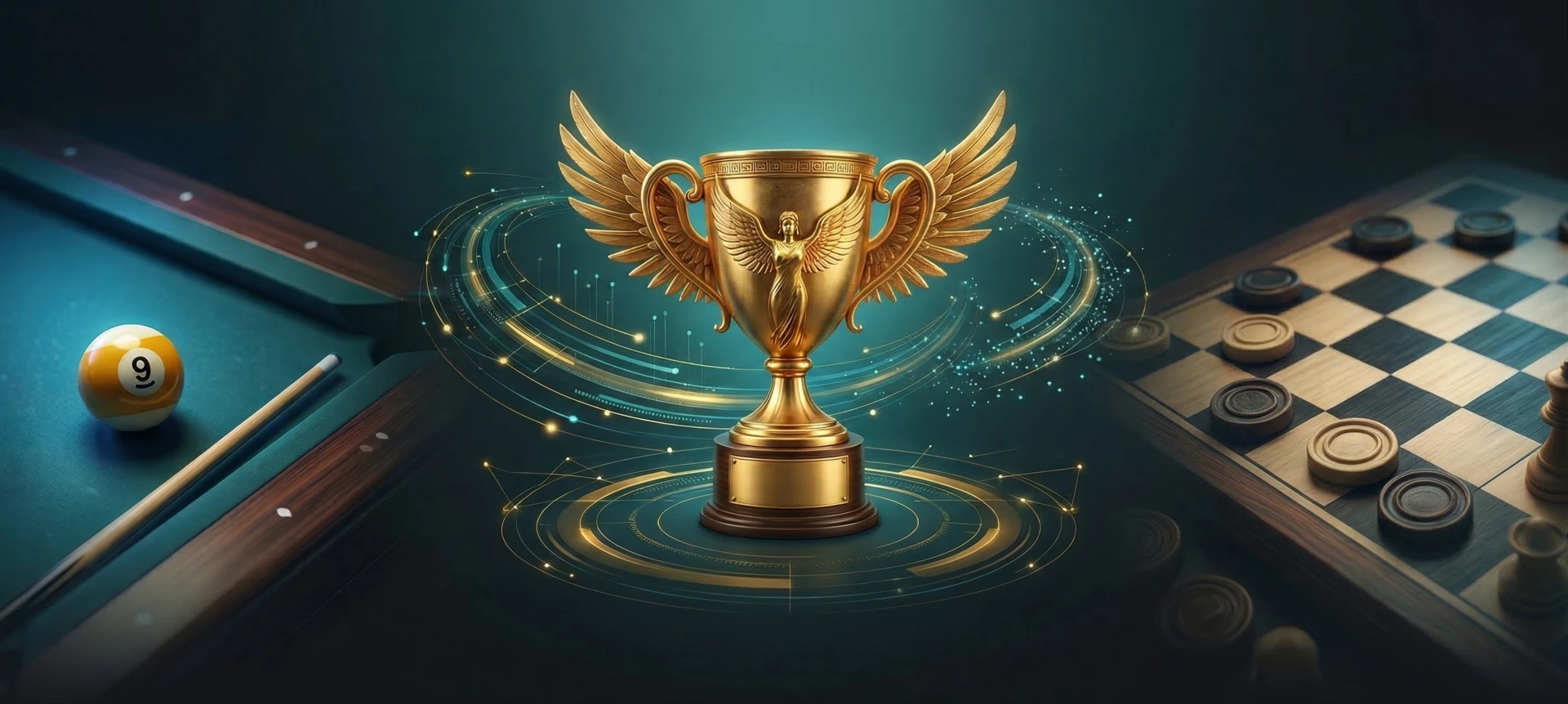 GameChamp trophy between pool and checkers game boards