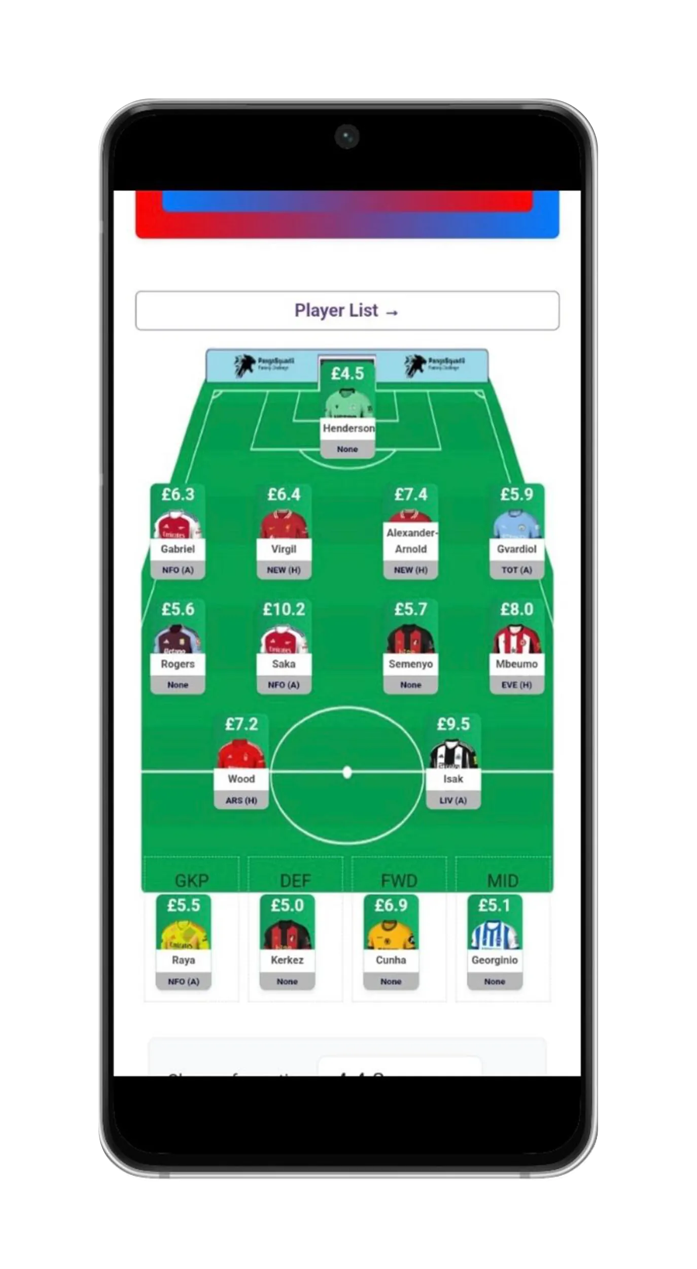 PangaSquadii fantasy football squad selection screen